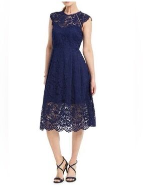 Vince Camuto Navy Blue Lace Midi Dress NWT New Size 14 - $168 Retail Cap Sleeve